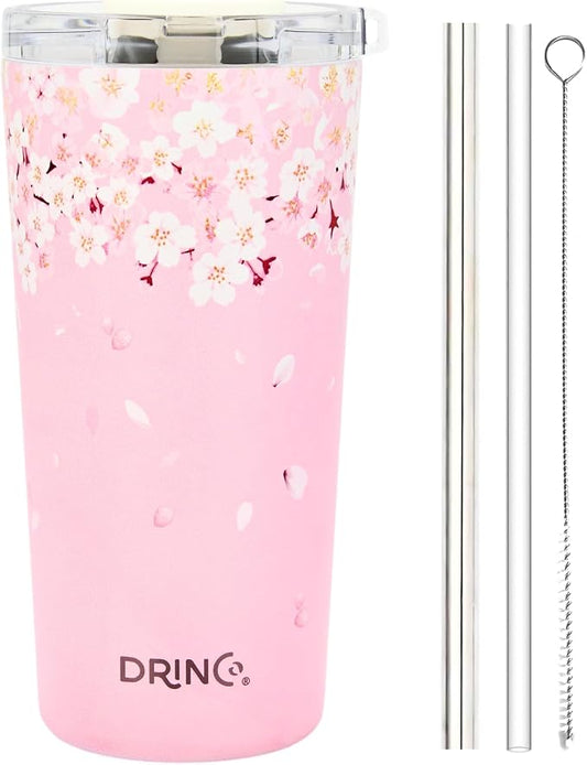 Drinco - 20 oz Stainless Steel Tumbler | Double Walled Vacuum Insulated Mug With Lid, 2 Straws, For Hot & Cold Drinks (20oz Sakura)