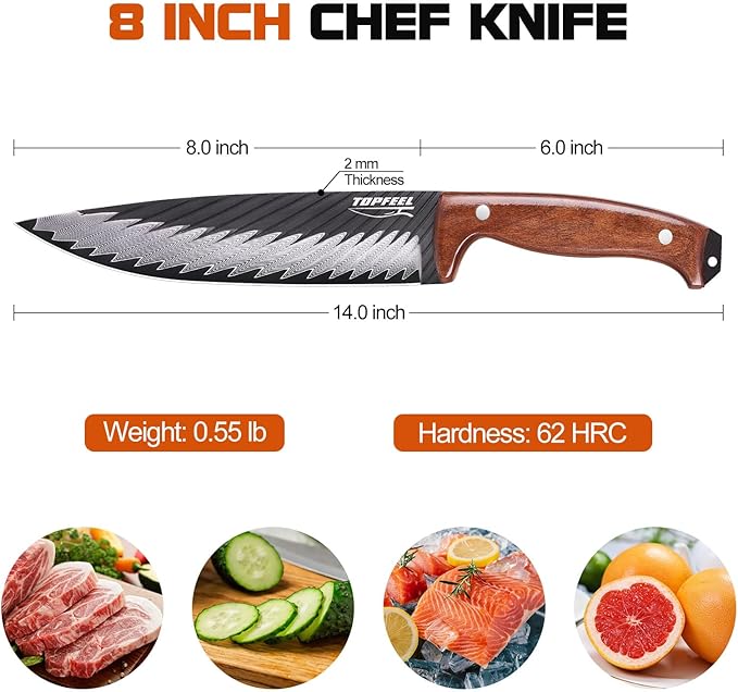 Topfeel 8 Inch Damascus Chef Knife, 67-Layer High Carbon Steel Kitchen Knife Sharp Japanese Chef Knives Full Tang, Professional Kitchen Knives with Wooden Ergonomic Handle