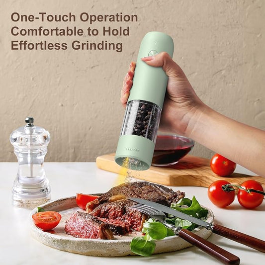 Ultrean Pepper Grinder, Rechargeable Salt and Pepper Grinder with 6 Adjustable Coarseness, LED Light, One-Hand Automatic Operation, Green