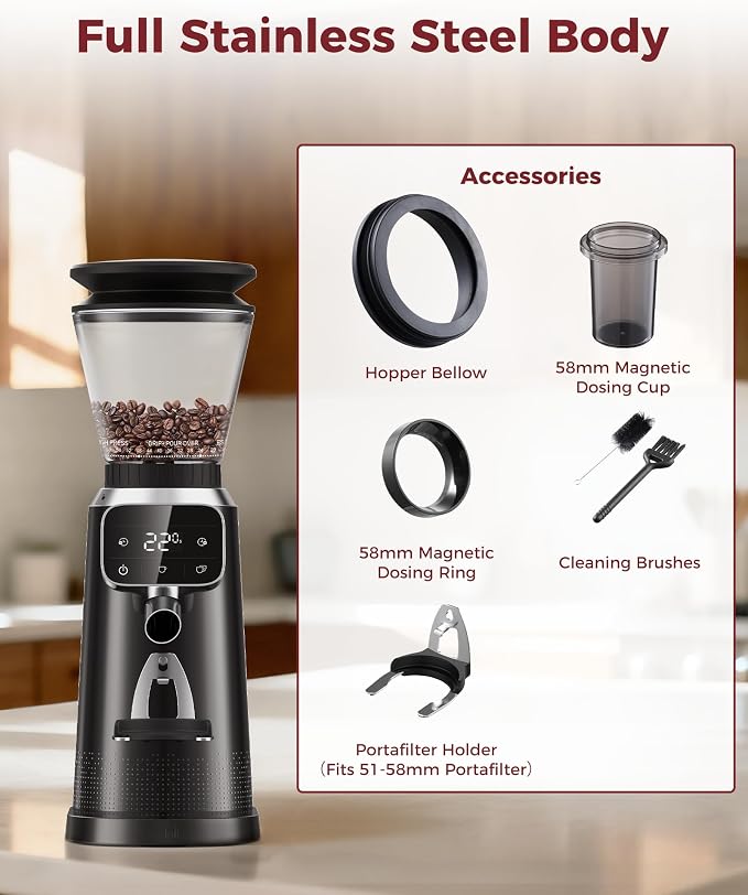 Tuni G2 Conical Burr Coffee Grinder with 70 Precise Grind Settings, Anti-Static Design, Adjustable Electronic Timer & LED Touchscreen, For Espresso Drip Cold Brew French Press, Stainless Steel, Black