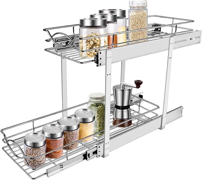 Sikarou Pull Out Cabinet Organizer 9" W x 21" D 2-Tier Individual Slide Out Drawer Pantry Shelf Storage for Kitchen Base Cabinet Organization for Kitchen, Bathroom, Pantry, Chrome