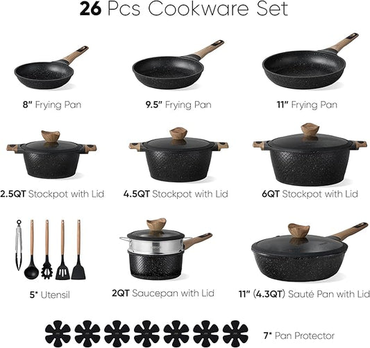CAROTE 26PCS Pots and Pans Set Non Stick, Cookware Set Pots and Pans Induction Cook Ware, Nonstick Kitchen Cooking, PFOA Free, Black