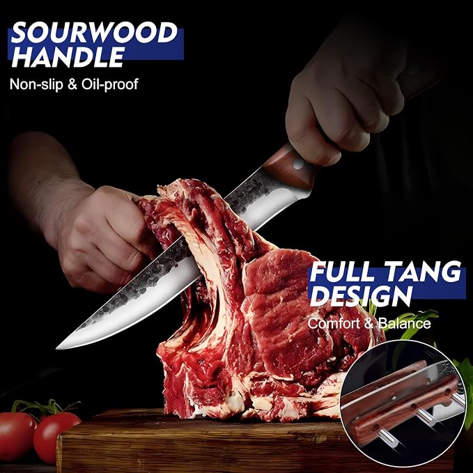 Topfeel 8PCS Chef Butcher Fish Knife Set for Meat Cutting with Roll Bag, Hand Forged Meat Cleaver Knife Boning Carving Knife Set for Home、Camping、BBQ