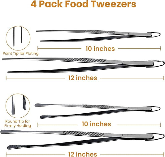 GEEKHOM 4-Piece 12 & 10-Inch Cooking Tongs: Professional Stainless Steel Scissor Tongs Set with Non-Slip Grip (Black)