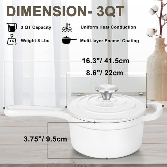 3 Quart Saucepan with Lid, Leonyo Enameled Cast Iron Sauce Pan, Heavy Duty Cast Iron Pot Dutch Oven Kitchen Cookware for All Cooktops Making Pasta, Milk, Egg- Up to 500°F & 8Lbs, White