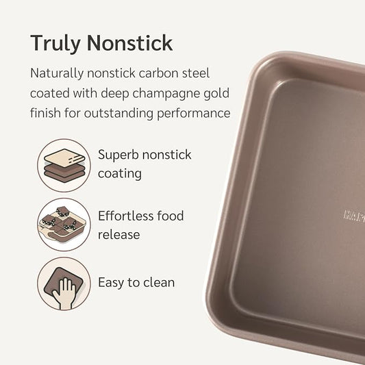 HAPPIELS 9x9in Square Baking Pan Nonstick for Oven Baking, PFOA & BPA Free | Non Toxic 9 x 9 Inch Cake & Brownie Pan | Best Nontoxic Square 9x9 inches Pans Non Stick| Carbon Steel Gold bakeware