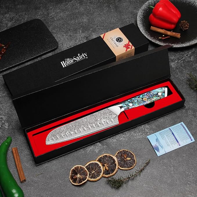 Home Safety Damascus Santoku Knife, 18cm Chef's Knifes Made of 67 Layers of VG-10 Damascus Steel, Full Tang Razor Sharp Kitchen Knife with Ergonomic Abalone Shell Handle, Gift Box