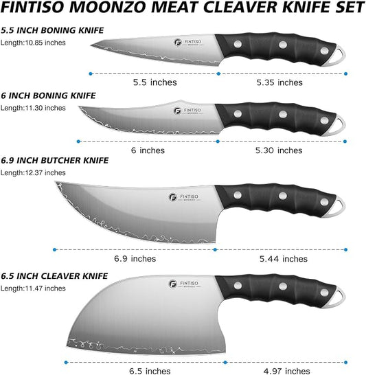 FINTISO Hand Forged Viking Knife Set, 4 PCS Kitchen Knives with Butcher Knife, Serbian Chef Knife & 2 Boning Knives, 5-Layer High Carbon Steel, Full Tang G10 Handle for Kitchen, BBQ & Camping