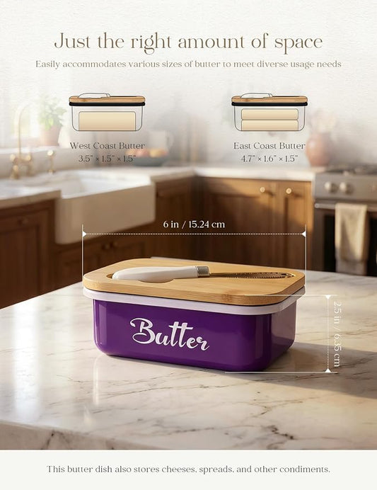 Butter Dish, Butter Dish with Lid for Countertop,Metal Butter Keeper with Stainless Steel Multipurpose Butter Knife, Large Butter Container with quality Silicone Good Kitchen Gift,Purple