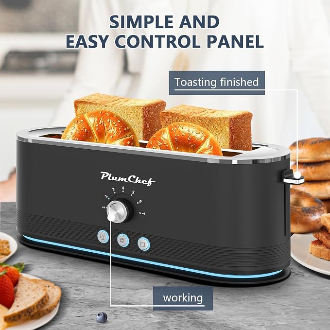 Plum chef 4-Slice Toaster, Extra Wide Long SIot Toaster, 7 Browning Settings,Defrost/Reheat Functions, Removable CrumbTray, Stainless Steel Housing,Anti-Fingerprint & Anti-Jam (Black)