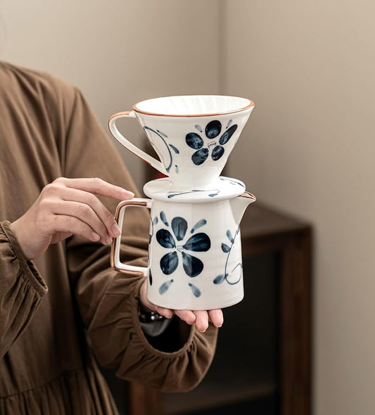 Pour Over Coffee Maker,Ceramic Coffee Maker With 40 pcs Paper Filter,15oz/450ml Pour Over Coffee Dripper (Blue and white, V02)