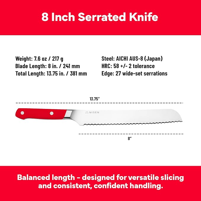 Misen Serrated Bread Knife - High-Carbon Japanese AUS8 Steel - Perfect for Soft Foods, Bread, Pastries, and Fruits - Verstatile Slicer, Razor-Sharp Edge, Durable Blade, Ergonomic Handle - 8", Red