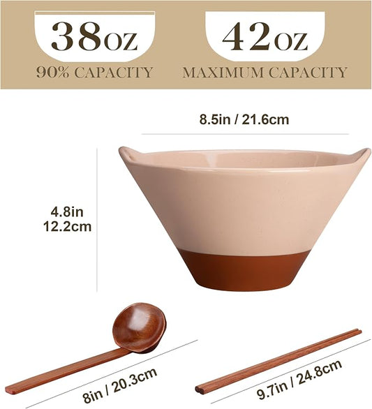 MALACASA 42 oz Ceramic Ramen Bowl Set with Wooden Spoon & Chopsticks, Japanese Style Soup Bowls for Ramen, Pho, Noodles – Set of 2, Microwave & Dishwasher Safe, Series TARA (Pink and Khaki)