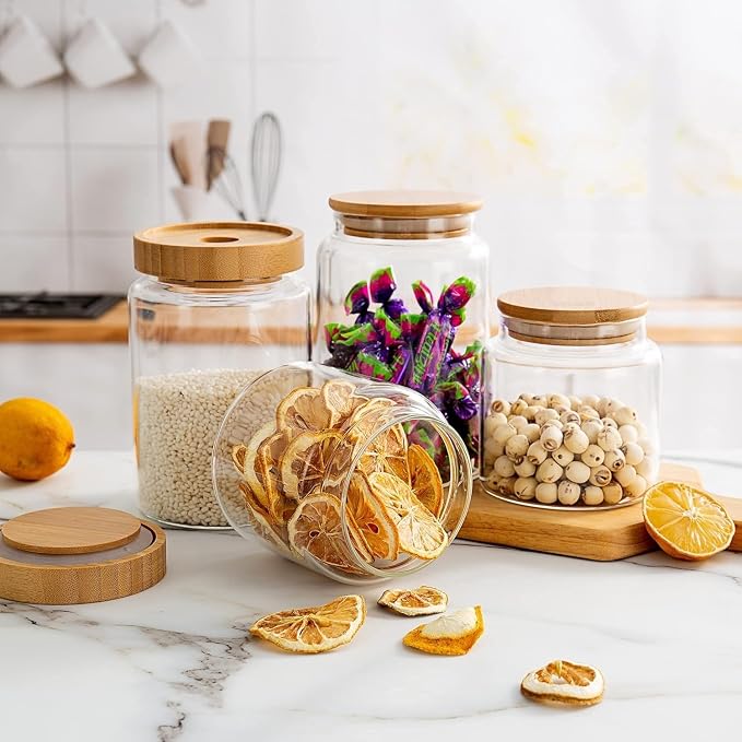 3 Pack 900 ml / 30 oz clear cute glass storage canister holder with airtight bamboo lid, modern decorative small container jar for coffee, spice, candy, salt, cookie, condiment, pepper, sugar