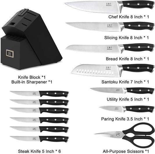 WANGMAZI 15 Pcs Knife Set with Block, Dishwasher Safe Kitchen Knife Set with Built in Sharpener Block, High Carbon Stainless Steel Dishwasher Safe Knives with Ergonomic Handles for Chef, Black Pro