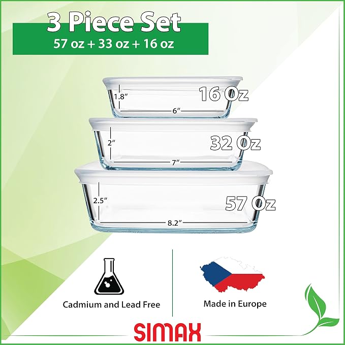 SIMAX Square Glass Food Storage Containers With Lids: Meal Prep Container Glass - Made with Borosilicate Glass - Set of 3 Glass Food Prep Containers With Lids Airtight - Small, Medium And Large