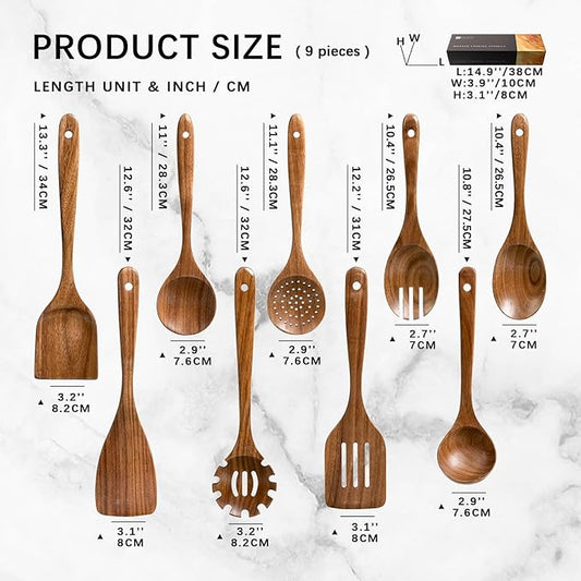 Wooden Spoons for Cooking, Nonstick Cooking Utensil Set with 9 Piece Acacia Wooden Spatulas and Spoons for Cooking, Terrific for Everyday Kitchen Tasks