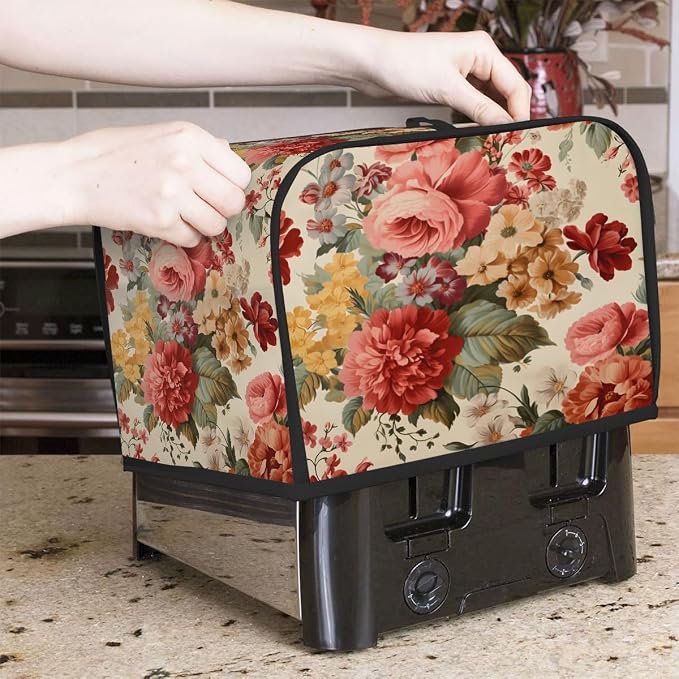 4 Slice Flower Peony Colorful Vintage Toaster Cover Waterproof Dust Fingerprint Bread Machine Cover Washable Kitchen Appliance Protector For Home Kitchen Bakeware Table Decor Women Gifts