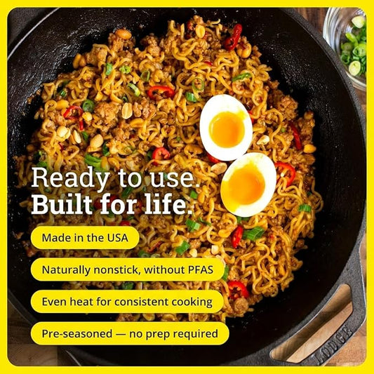 Lodge 14 Inch Cast Iron Wok with Dual Loop Handles – PFAS FREE Pre-Seasoned Family Size Stir Fry Pan – Stovetop & Oven Safe Heavy Duty High-Heat Retention Wok – Made in USA