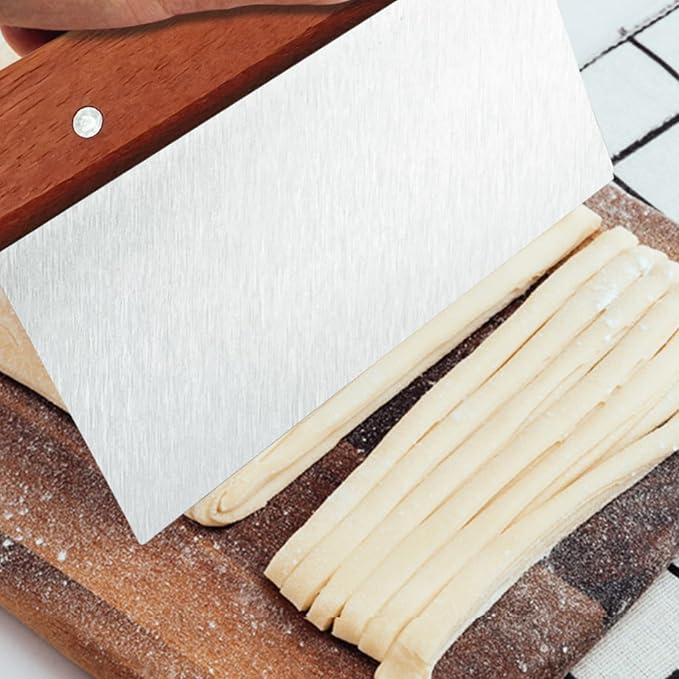 2 Pcs Bench Scraper Knife & Dough Scraper, Stainless Steel Food Cutter with Ergonomic Wood Handle, for Kitchen Baking, Cooking, Bread, Pizza & Cake