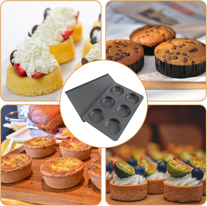6 Cup Muffin Pan with Lid, Carbon Steel Non Stick Cupcake Pans for Baking, 9 x 13 Inch Even Crical Deep Baking Pan for Cup Cake, English Muffin, Whoopie Pie, Hamburger Buns
