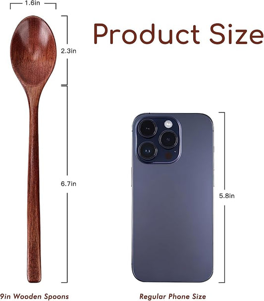 6pcs 9in Wooden Spoons, Soup Spoons Set, Long Handle Wooden Utensils for Cooking, Tasting, Serving, Stirring and Mixing (6pcs 9in)