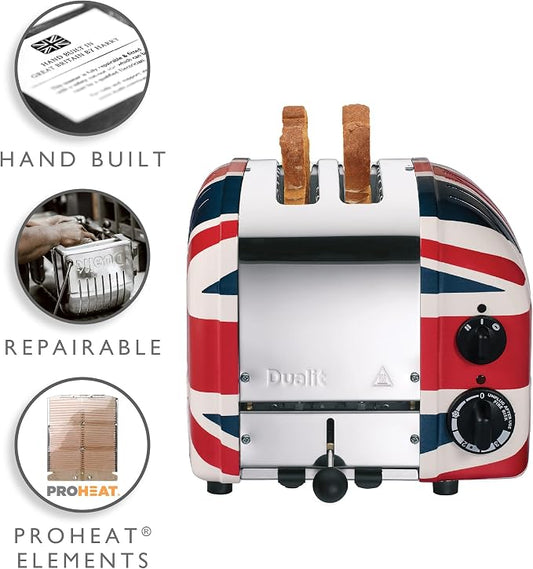 Dualit Classic 2 Slice NewGen Toaster - Limited Edition - Stainless Steel - Hand Built in the UK - Replaceable ProHeat Elements - 120V - Defrost Bread - Mechanical Timer - Union Jack Classic Toaster
