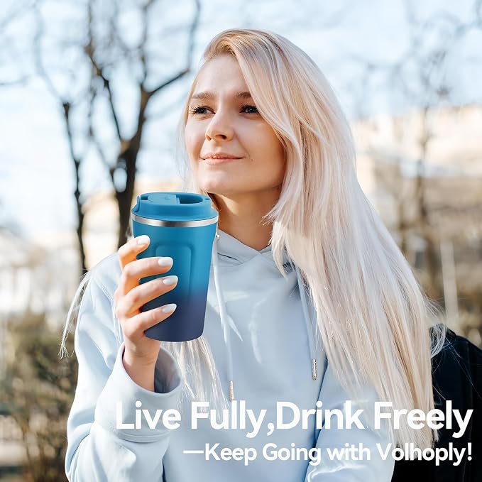 Volhoply 12 oz Double Wall Insulated Vacuum Travel Coffee Mugs with Flip Lid Bulk 2 Pack,Reusable Stainless Steel Leak Proof Coffee Cup,Portable Thermal Tumbler for Cold & Hot Drinks(Dark Night,2 Set)