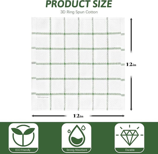 Nialnant 8 Pack Dish Cloths for Washing Dishes, 100% Cotton Reusable Cleaning Rag, Quick Drying Dish Towels for Kitchen,12x12 Inches,Green Plaid