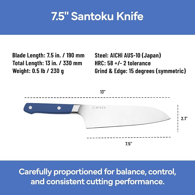Misen Japanese Santoku Chef Knife - 8 Inch High Carbon Stainless Steel - Classic Japanese Knife Design for Cutting, Slicing, and Chopping - Razor Sharp Japanese Style Kitchen Knife, Blue