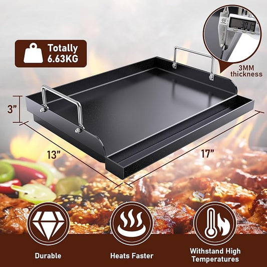 Cast Iron Griddle for Gas Grill, Nanoceramic Nonstick Flat Top Griddle Insert for Outdoor Gas Grill, 17" x 13" Flat Top Plate for Weber, Nexgrill, Charbroil Grills, Plancha Para Cocinar