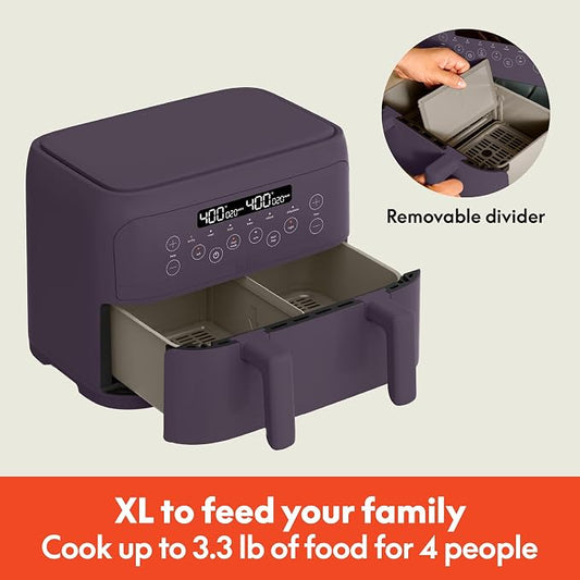 bella 4 Qt TriZone Air Fryer, EverGoodโข Ceramic Nonstick Coating, Dual Basket Design w Removable Divider, Digital Touchscreen Control w 6 Preset Cooking Options, 1200 Watt, 3lb Capacity, Plum