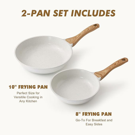 SENSARTE Nonstick Frying Pan Skillets, Ceramic Coating Omelette Pans, Healthy Cookware Chef's Pan, White, Free of PTFE & PFAS (8+10 Inch)