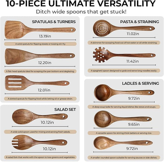 HAKSEN Wooden Spoons for Cooking, 10PCS Natural Acacia Wood Kitchen Utensils Set, Wooden Utensil Set for Nonstick Cookware, Smooth Finish, Sturdy & Durable
