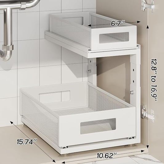 2 Pack Under Sink Organizer With Next-Gen Ball-Bearing Slides,2-Tier Pull Out Cabinet Storage,Height Adjustable Drawer Shelf for Bathroom,Kitchen,Laundry,Cabinet,Pantry(Patent Pending)