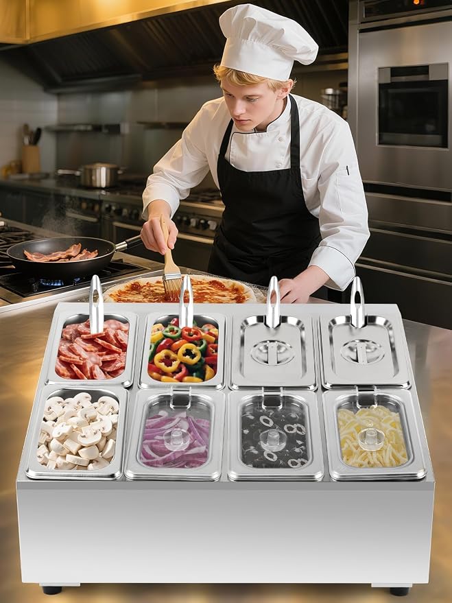 Pizza Topping Station Pizza Storage Container Topping containers with Lids Spoon Condiment Organizers Buffet Containers Set for Restaurant Pizza Sauce Jam Fruit Ingredient Pantry (8 Pans)