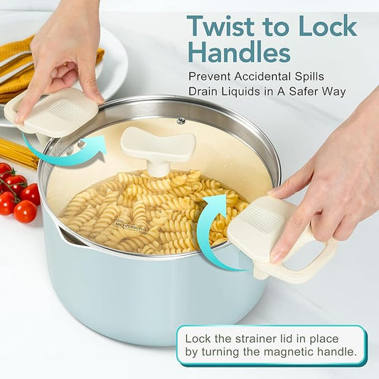 MICHELANGELO Pasta Pot with Strainer Lid - 6 Quart Cooking Pot with Lid, Non Stick Spaghetti Pot Ceramic Coated with Twist and Lock Handles for Easy Draining, Induction Compatible, Soft Aqua