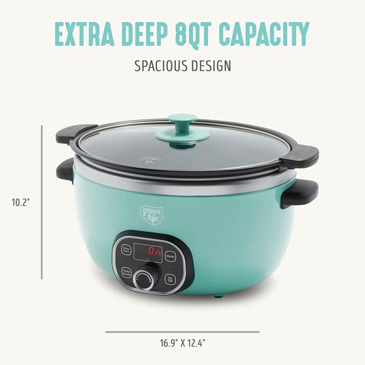 GreenLife 8QT Slow Cooker, Non-Toxic PFAS-Free Ceramic Nonstick Removable Interior Bowl, Programmable, Family Friendly, Keep Warm, Stovetop & Oven Safe, Dishwasher Safe Crock, Glass Lid, Turquoise
