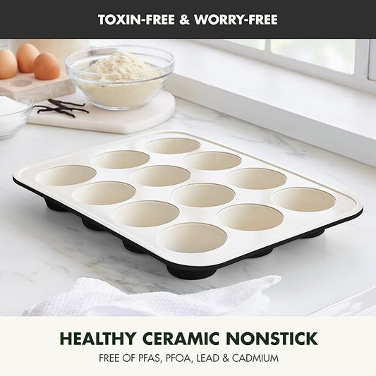 GreenPan Bakewell 12-Cup Muffin Pan, Healthy Ceramic Nonstick Bakeware, PFAS-Free Cupcake Mold, Durable Baking Tray, Versatile Kitchen Essentials, Easy Clean Ovenware, Black
