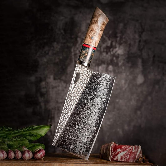 Damascus Kitchen Chinese Cleaver,7.5in Professional Handmade Chopping Chopper Knives with Burl Stabilized Wood Handle for Meat and Vegetable in Home&Restaurant