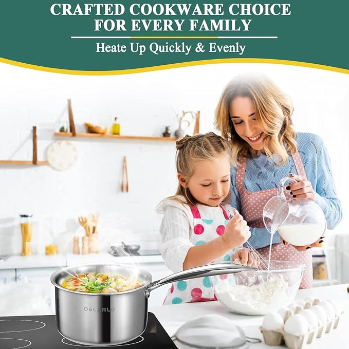 DELARLO Tri-Ply Stainless Steel 1 Quart Saucepan with Lid, Compatible With All Stove 600℉, Small Pots for Cooking, Fast Even Heats, Stainless Pot 1QT, Durable Sauce Pot, Saucepan with Lid