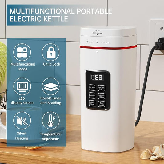 Travel Electric Kettle Portable 304 Stainless Steel LED Display Temperature Adjustable BPA Free Child Lock Mini Kettle,Small Hot Water Boiler Auto Shut-Off