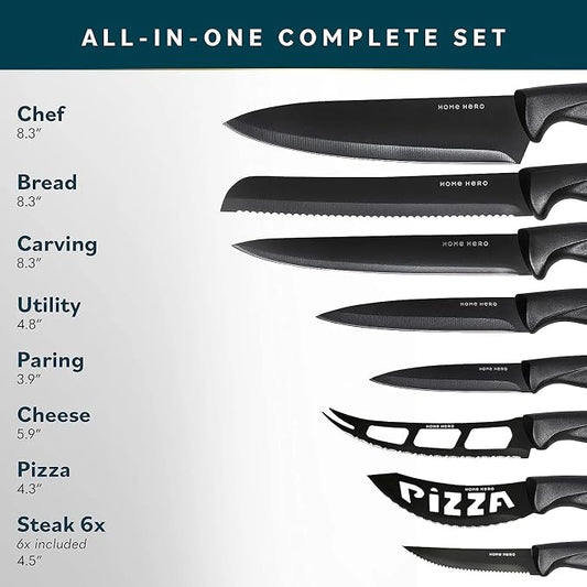 Home Hero Kitchen Knife Set - Wooden Knife Block Organizer - High Carbon Stainless Steel Blades - Ergonomic Handles with Built-In Sharpener & Kitchen Scissors - 16 Pcs, Acrylic Black