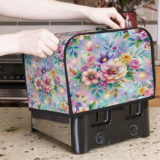 Flower Spring Toaster Cover 4 Slice Wide Slot Washable Toaster Covers | Rainbow Art Dust and Fingerprint Protection Bread Maker Covers for Kitchen Accessories Decor Bakeware Women Gift