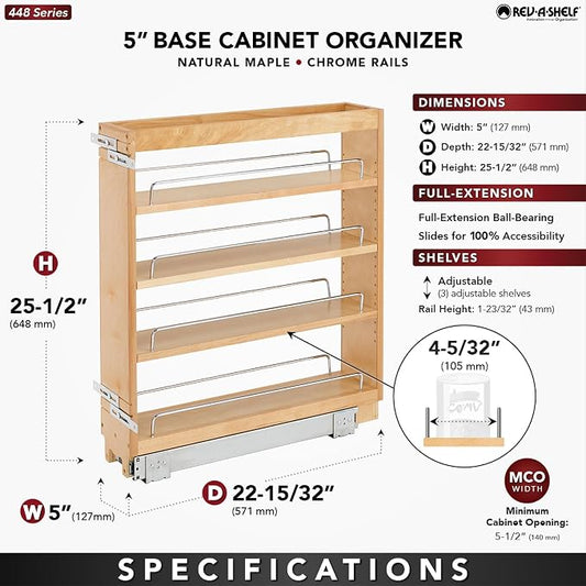Rev-A-Shelf Maple Pullout Organizer for Full Height Base Cabinets, Full Extension Slides & Adjustable Shelves, Min Opening Width of 5.5", 448-BC-5C
