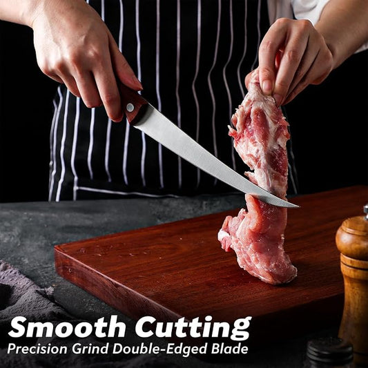 TAN REN 7-Inch Stainless Steel Boning Knife, Meat Cutting Knife with Sheath, Flexible Curved Blade for Brisket and Fish Filleting