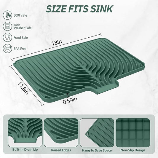 Dish Drying Mat for Kitchen Counter, with Built-in Drain Lip, Food-Grade Silicone, Easy Clean Pad for Countertop Protection, Multi-Functional Use (18x11.8, Dark Green)