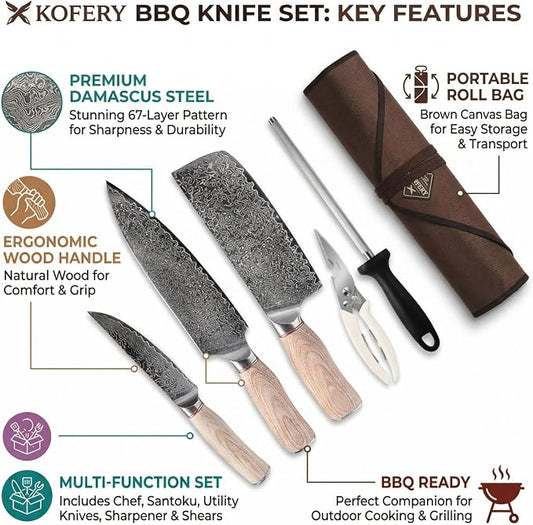 KOFERY Hand Forged Damascus Steel Butcher Knife Set with Wood Handles, Sharpener & Shears in Knife Roll for Meat Cutting, BBQ Grilling, Outdoor Camping, Pit Master Gifts for Men