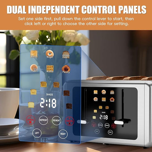 WUNLY Smart Digital 4 Slice Toaster with Touchscreen,Extra Wide 1.5" Slots for Bagel, 6 Bread & Browning Settings, Defrost/Reheat & Sound Control, Stainless Steel