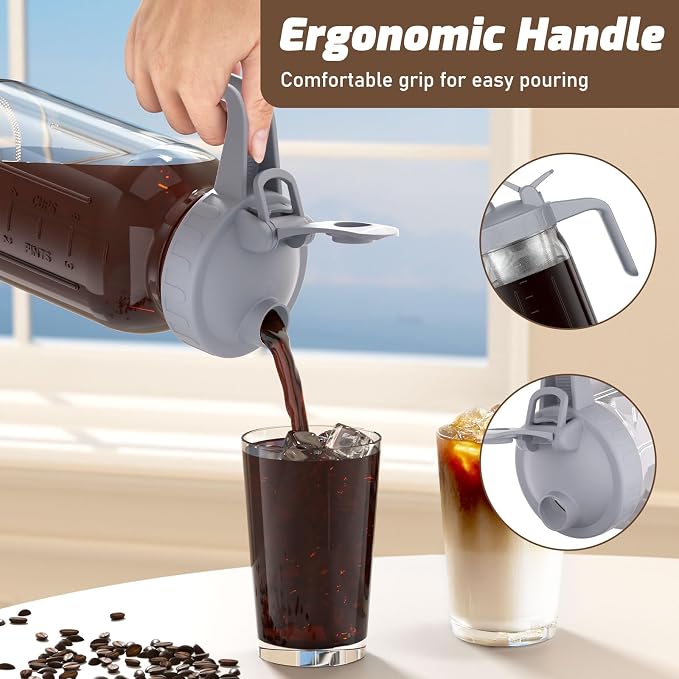 Cold Brew Coffee Maker Jar - 64oz Thick Glass Multipurpose Mason Pitcher Spout Lid with Handle & Stainless Steel Filter for Iced Coffee, Lemonade, Ice Tea, Homemade Fruit Drinks Container(2Pack)